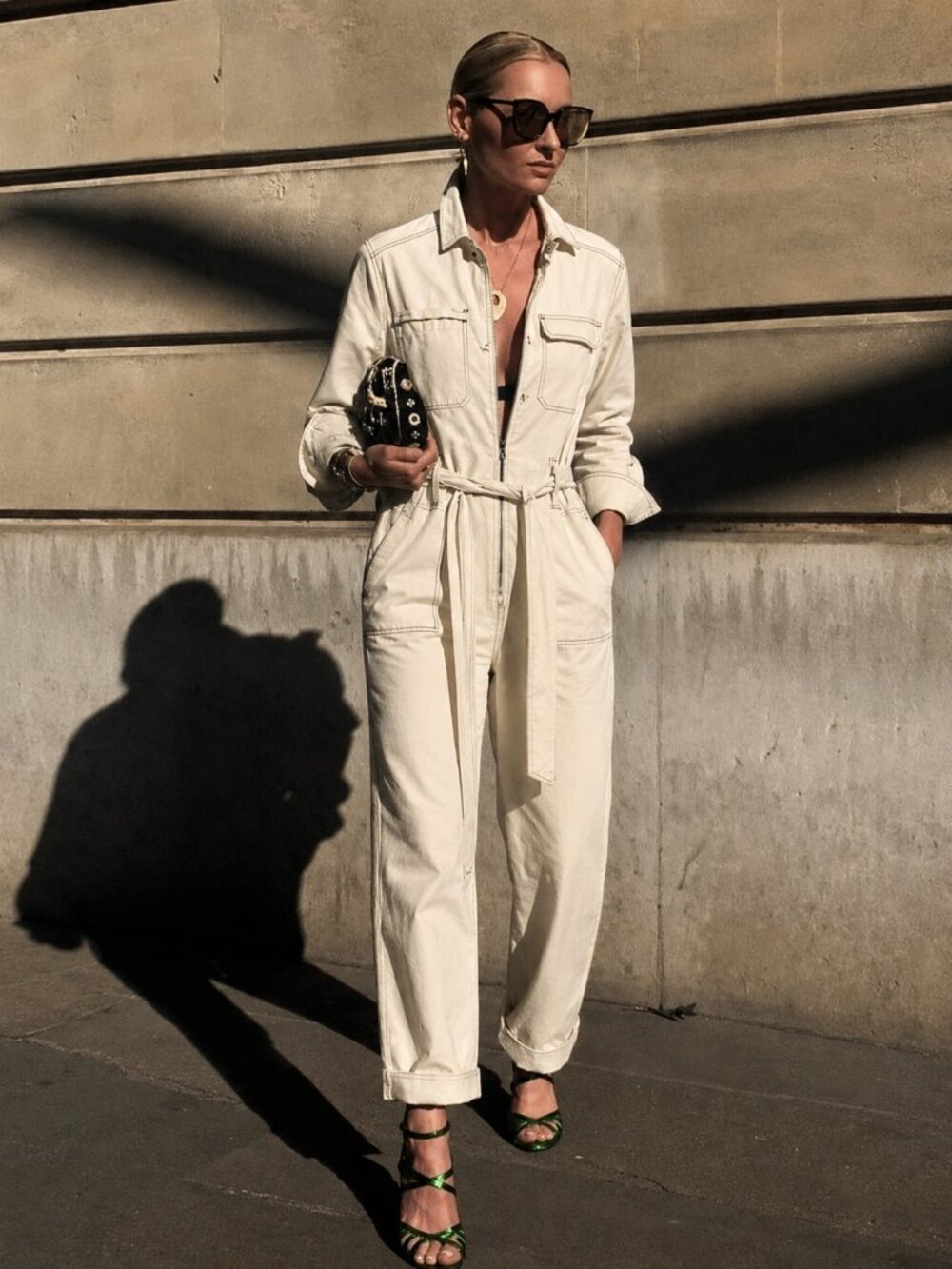 Zara Premium Denim Jumpsuit Belted Long Sleeve Cream Black Line Size Medium